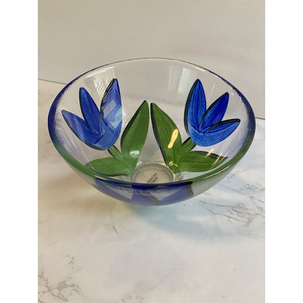 Kosta Boda Blue Tulip Glass Bowl Signed Ulrica Hydman Vallien HandPainted 5.5"